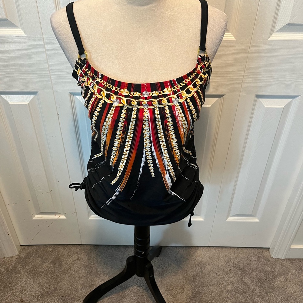 Simon Chang size 12 Black and Multicolor Striped Tankini Top